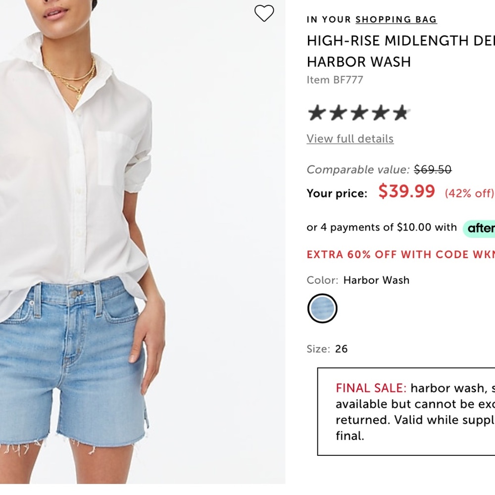 J. Crew Women's High-rise midlength denim short, harbor wash, Size 27
